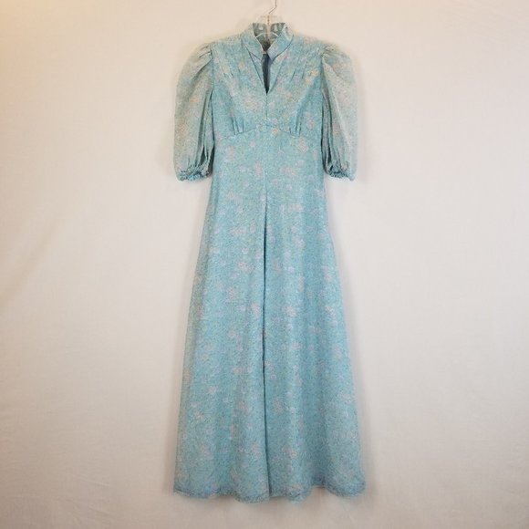 Vintage 60s Dusty Blue Floral Summer Maxi Dress Sz XS - Picture 2 of 8